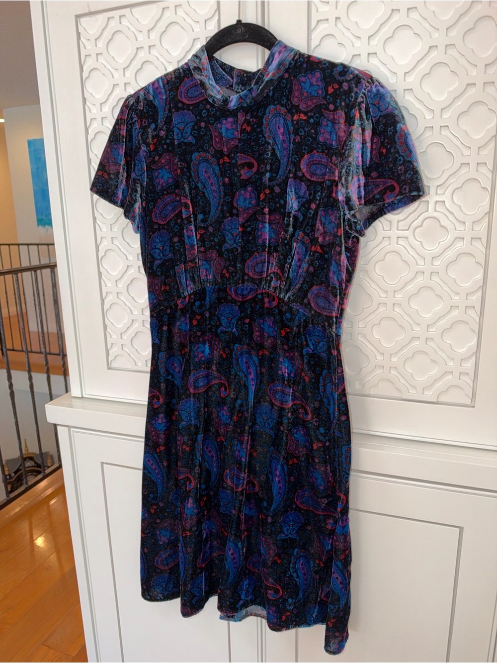 Sandro Black Velvet Paisley Dress with Blue and Purple Accents